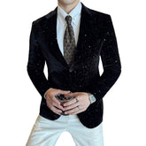 2025 New Fashion Glossy Velvet Gold Foil Print Men's Slim Fit Blazer Jacket - Trendy Cosplay Suit for Halloween Parties - Halloweez